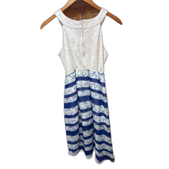 Rare Editions Girl's Ivory Lace and Blue Floral High-Low Dress - Picture 2 of 5